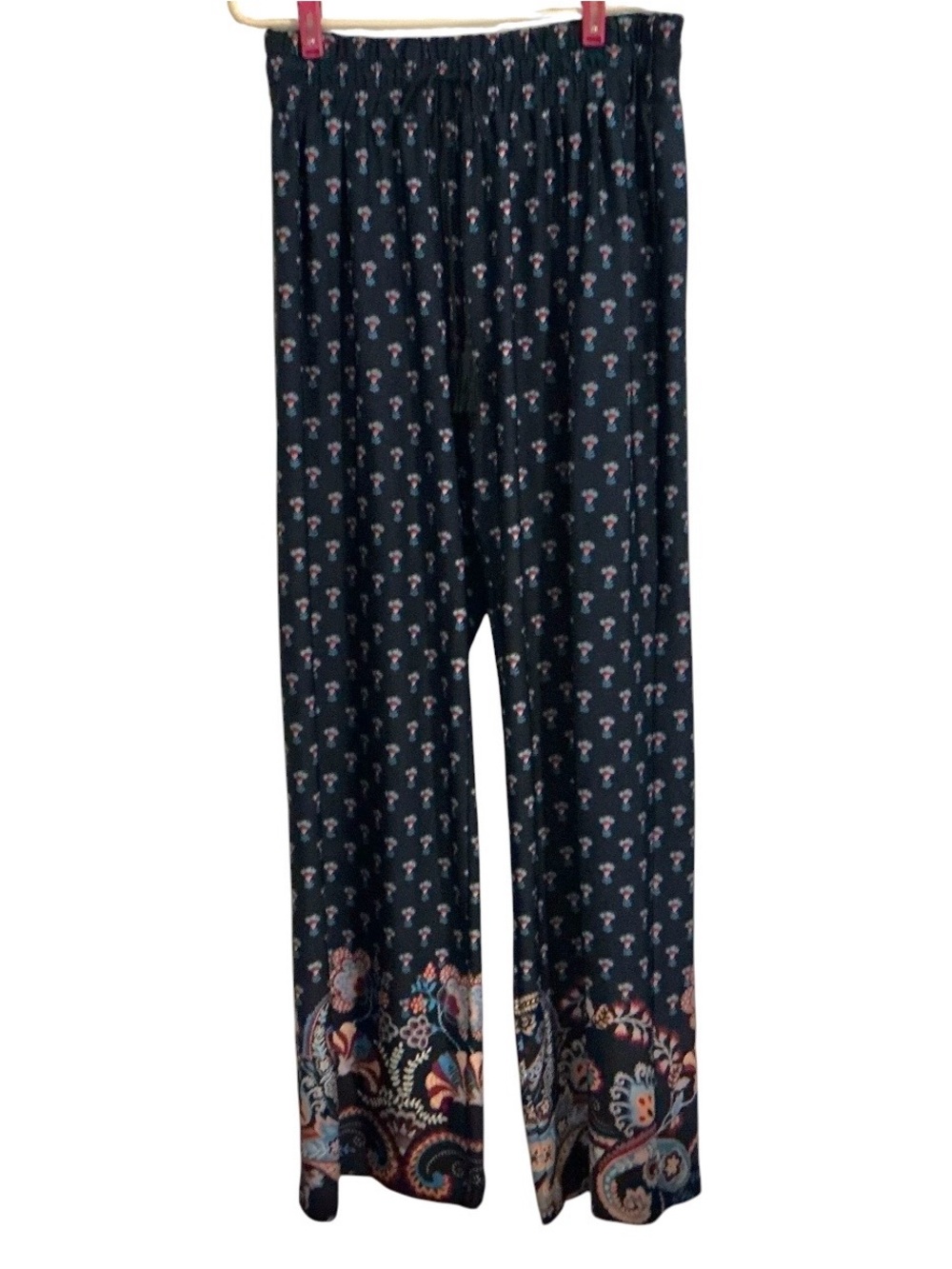 Navy Floral Wide Leg Pants M Elastic Waist Pull On Comfort Loungewear Boho